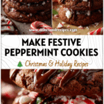 Stack of Peppermint Hot Chocolate Cookies topped with crushed candy canes and rich cocoa drizzle.